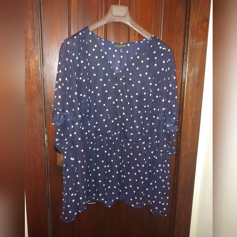Lane Bryant size 30/32 navy blue with white dots chiffon blouse.